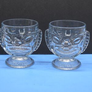 Tiki Glasses Set Of 2 Clear 4 1/2"  Happy Face Sad Face Pedestal Glasses